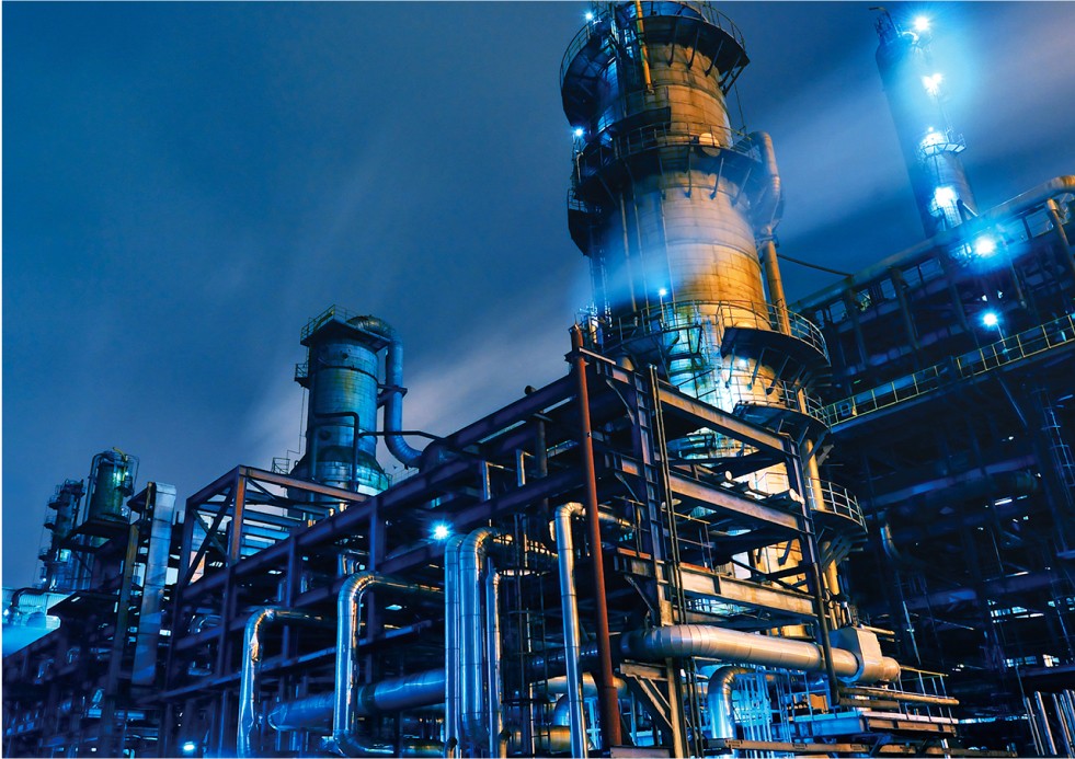 Oil Refinery, Chemical & Petrochemical plant abstract at night.