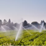 Image of an agricultural field being watered by an irrigation system aimed at minimizing emissions and fuel usage