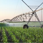 Image of an advanced irrigation system efficiently watering an agricultural field, contributing to emissions reduction and cost savings